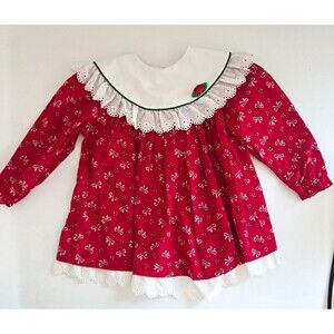 Bryan & Co. Girls 18M Red Bow Print A-Line Dress Long Sleeve Lace Collar